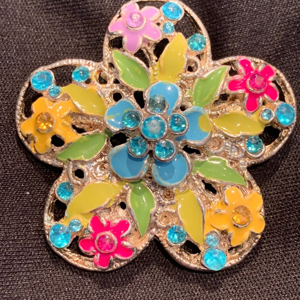 Painted enamel and Crystal Flower Brooch